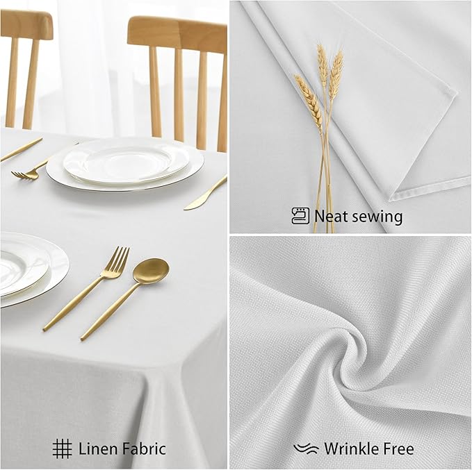 JIUZHEN Faux Linen Farmhouse Tablecloth Rectangular, Wrinkle Stain Resistant Table Cloth Rectangle Table Cover for Kitchen Dining, Holiday Party Dinner, White, 52 x 70 Inch