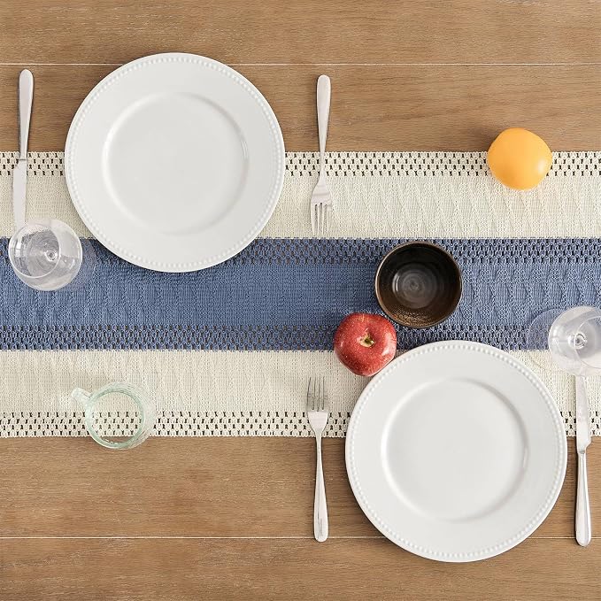 Macrame Style Bicolor Stitching Table Runner 14x90in Blue | Woven Boho Table - Image 4