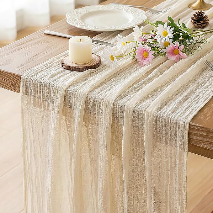 Beige Cheesecloth Table Runner Gauze Rustic Boho Home Decoration | 30x120 Inches by FEXIA