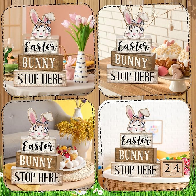 Moucuny 4 Pcs Easter Bunny Table Decoration Stacked Wooden Bunny Block Decor - Image 6