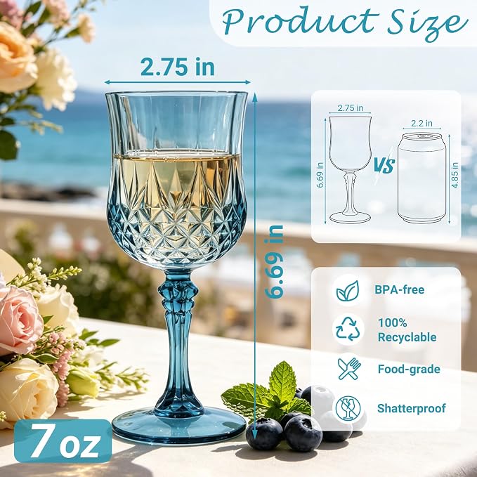24Pack Plastic Wine Glasses, 7oz Vintage Goblets - Image 2