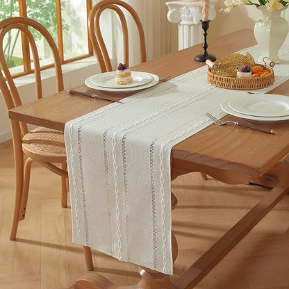 Boho Cotton Linen Beige Table Runner, Ivory Farmhouse Woven Table Runners - Image 6