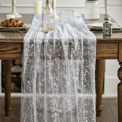 Artoid Mode White Silver Gauze Table Runner 120 Inch 10Pcs, Glitter Metallic Foil Sheer Dining Holiday Wedding Anniversary Birthday Table Decor for Home Party