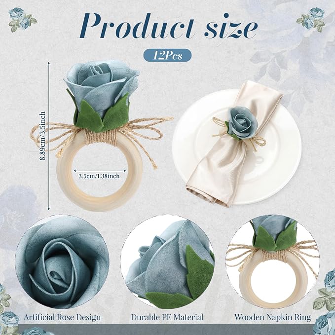 Flower Napkin Rings Set of 12 Wooden Dusty Blue Rose Handmade Napkin Holders - Image 2