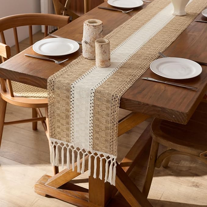 Baccessor Boho Macrame Table Runner, Woven Beige Jute Linen Table Runner - Image 2