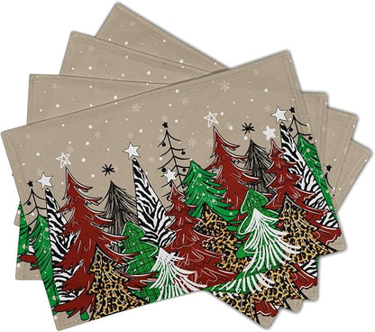 Watercolor Xmas Tree Placemats for Dining Table Set of 4, 12 x 18 Inch Winter Snowflake Heat Resistant Xmas Linen Dining Table Mats for Home Kitchen Tabletop Decoration