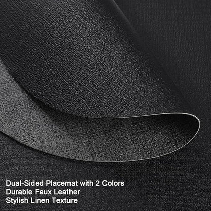 Placemats and Coasters, Washable Reversible Placemats Round Faux Leather Wipeable Place Mats Non Slip Heat Resistant Indoor Outdoor Table Mats (Set of 6, Gray Black)