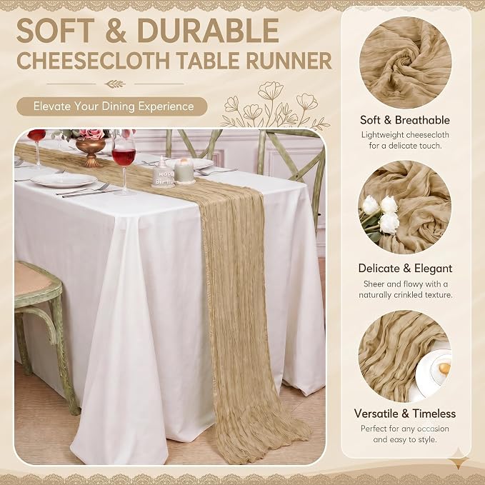 2 Pack Beige Cheesecloth Table Runner 17x108 Inch Boho Rustic Semi Sheer Gauze - Image 4