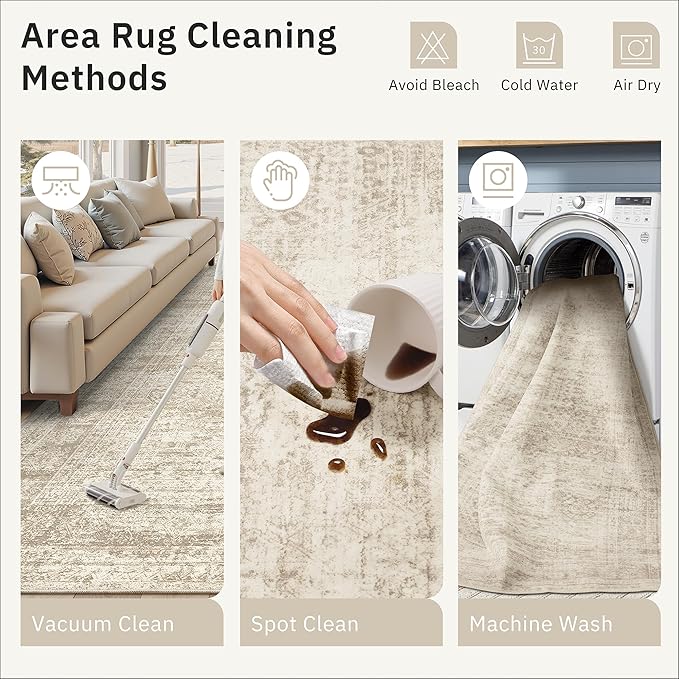 9x12 Area Rugs for Living Room, Non Slip Machine Washable Vintage Rugs, Low Pile Lightweight Large Rug for Bedroom, Dining Room, Home Office Beige