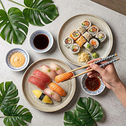 Chopstick & Dish Set, 10 Pairs 8.8 Inch Natural Bamboo Chopsticks and 12 Pcs 3.2 Inch Indigo Ceramic Dipping Bowls, Reusable Bamboo Utensils & Small Dip Plates for Sushi, Home Kitchen, Party