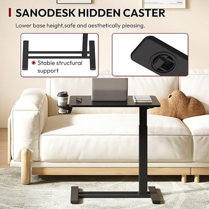 SANODESK Mobile Standing Desk with Hidden Wheels,Pneumatic Laptop Desk Rolling Computer Cart Movable Height Adjustable Small Sit Stand Desk for Home Office(27.6" W x 15.7" D, Black)