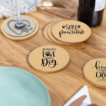 Coasters for Drinks with Set of 6, Cute Dog Coaster for New Home Couples House Warming Gifts Absorbent Paw Cork Wood Bulk for Cup Desk Coffee Table Office Kitchen Decor, Round 4"