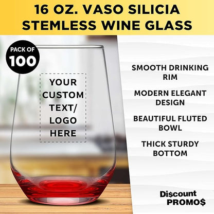 DISCOUNT PROMOS 100 Vaso Silicia Stemless Wine Glasses Set, 16 oz. - Personalized Text, Logo - Clear, Orb-Like, Thick base - Red