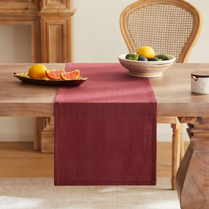 Rustic Cotton Linen Table Runner, 13x108 Inches Burgundy | Farmhouse Style - Image 4