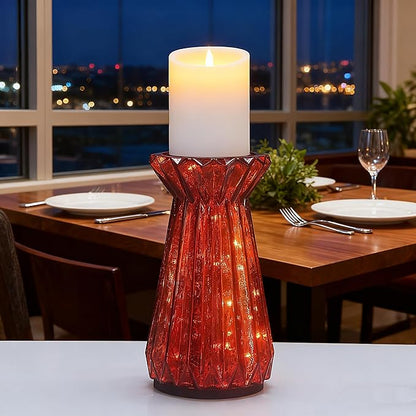 Home Decor, Mercury Glass Pillar Candle Pedestal Holders with 10 Led Lights, Lighted up Candle Holders for Pillar Candle, Glass Candlestick Holders with Timer for Wedding Home Dining Table Xmas (Red)