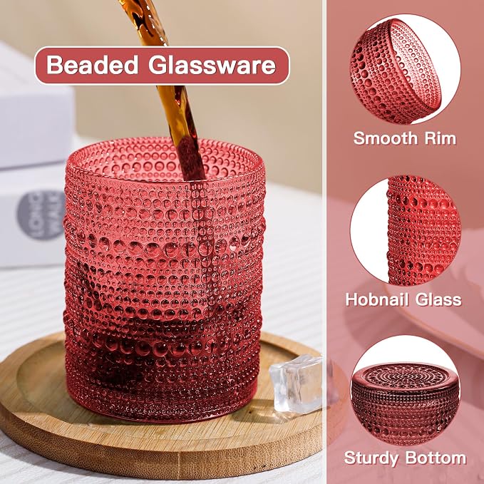 JOVGANK Red Vintage Hobnail Drinking Glasses Set of 6, Embossed Water Tumbler - Image 3