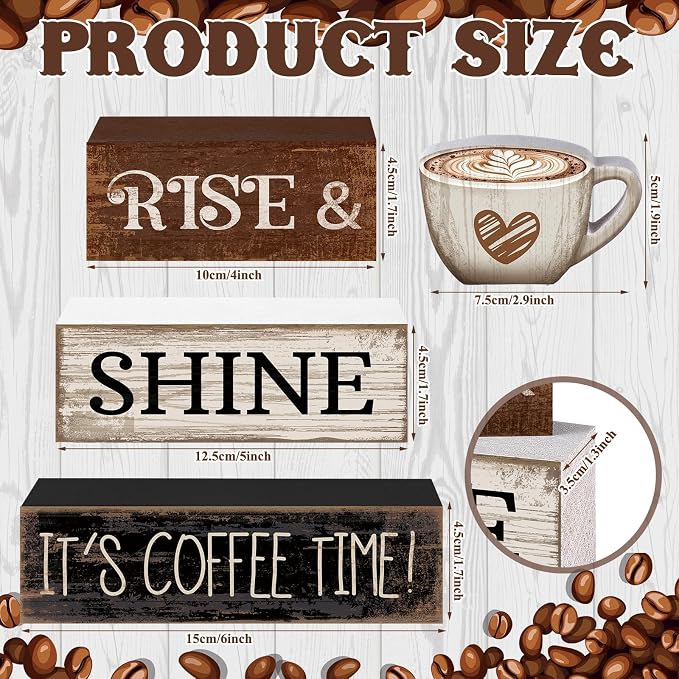 Moucuny 4 Pcs Farmhouse Coffee Bar Sign Decor Wooden Cup Rise & Shine It's - Image 3