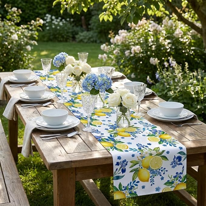 Lemon and Blue Floral Table Runner, 36 x 13 inches | Linen Texture Fabric - Image 3