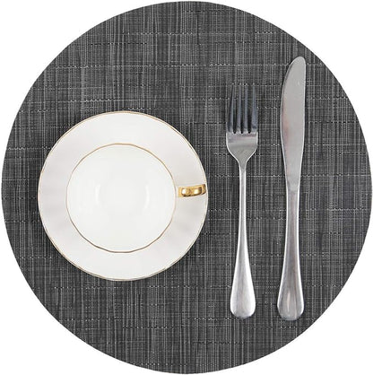 SHACOS Small Round Table Placemats Set of 5 Woven Vinyl Wedge Placemats with Centerpiece Round Table Mats Heat Resistant Wipe Clean (5, Black Gray)