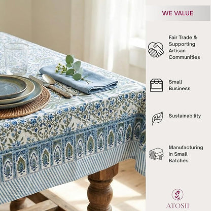 ATOSII Nargis Blue 100% Cotton Rectangle Summer Tablecloth, Indian Block Print Floral Table Cloth I Dining Parties Weddings Outdoors Holidays 60 X 60 Inches 4 Seater I Grandmillennial Farmhouse Boho
