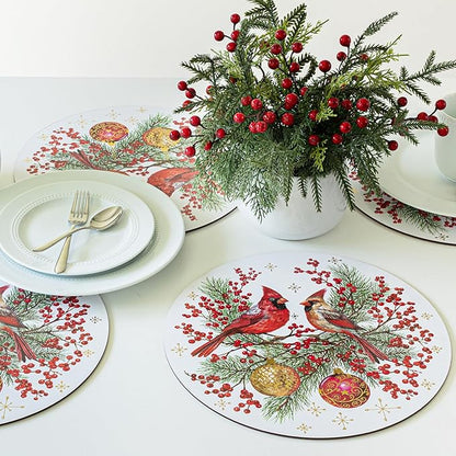 Benson Mills Cork Placemats Set of 4, Thick Cork Place Mats for Kitchen and Dining Tables, Easy Clean Table Mats for Christmas, Winter, and Holidays (13.75" Round Set of 4, Festive Cardinals)
