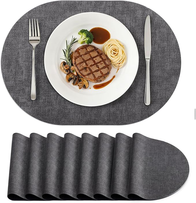 Placemats Set of 8, 11.8 x 17 Inch, Dark Grey | Heat Resistant Oval Faux by homing