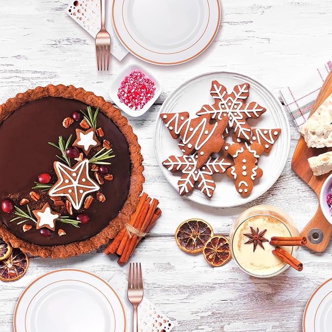 Stylish Rose Gold Dessert Plates, Forks and Cocktail Napkins (100 Set), 7.5 Inch Appetizer Plates or Salad Plates, Wedding Cake Plates, Disposable Plates for Wedding with Rose Gold Napkins