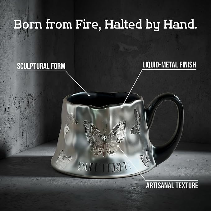 Volcanic Ash Titanium Finish Coffee Mug and Saucer Set | Modern Sculptural - Image 3