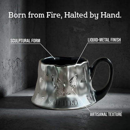 Volcanic Ash Titanium Finish Coffee Mug and Saucer Set | Modern Sculptural - Image 3
