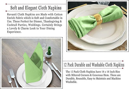 Ruvanti Cloth Napkins Set of 12, 18x18 Inches Napkins Cloth Washable, Soft, Durable, Absorbent, Cotton Blend. Table Dinner Napkins Cloth for Hotel, Lunch, Restaurant, Wedding Parties - Light Green