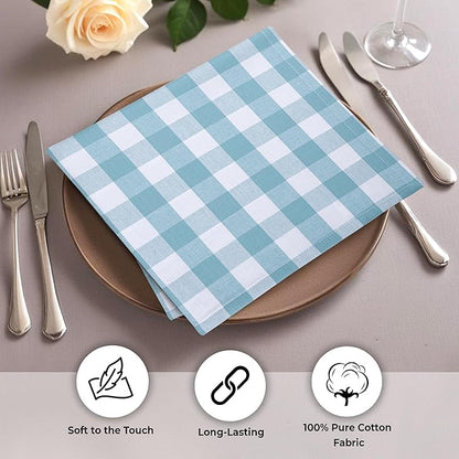 Urban Villa Cotton Dinner Napkins Set of 6, Highly Absorbent 20x20 Inches Premium Cloth Napkins Hotel Quality Reusable & Washable Table Dinner Napkins for Home & Weddings - Aqua/White, Checks