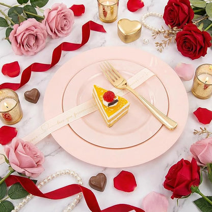 FLOWERCAT 100PCS Pink Plastic Plates - Heavy Duty Pink Party set Disposable serve for 50 guests -10 inch Dinner + 7 inch Dessert/Salad Plates for Easter,Birthday Party,Mother's Day