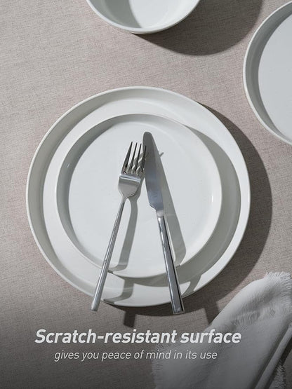 Famiware Saturn 16 Pieces Plates and Double Bowls Sets for 4, Stoneware Dinnerware Set with Pasta Bowl, Dish Set with Trim - Chip & Scratch Resistant, Microwave & Dishwasher Safe, White