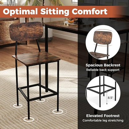 COSTWAY Dining Table Set for 4, 5-Piece Square Kitchen Nook Dinette Set with 4 Bar Stools with Footrest, Backrest, Space-Saving Design, Industrial Kitchen Table and Chairs for Apartment, Coffee