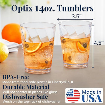 US Acrylic Optix Plastic Reusable Drinking Glasses (Set of 8) 14oz Rocks Cups in Clear | BPA-Free Tumblers, Made in USA | Top-Rack Dishwasher Safe