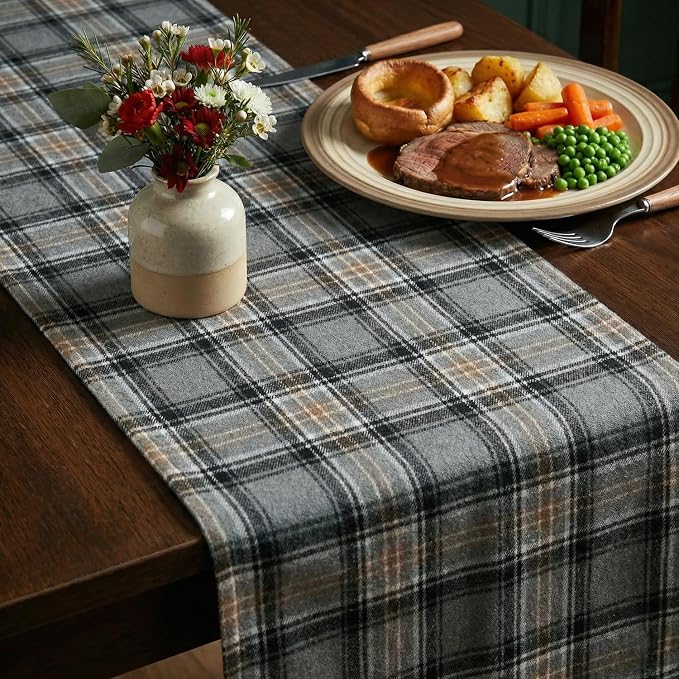 Artoid Mode Grey Brown Farmhouse Plaid Retro Table Runner, Rustic Holiday Check - Image 6