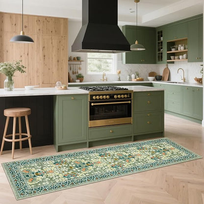 GarveeHome 2x6 Kitchen Runner Rug, Washable Rug for Hallway Non Slip Sage Green, Ultra-Thin Boho Soft Kitchen Runner Rug Botanical Carpet for Entryway, Laundry Room, Bedroom Floor Mat