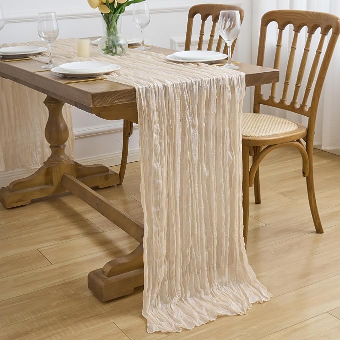 Asee'm 2pcs Beige Cheesecloth Table Runner Summer 10FT Boho Gauze Rustic | Boho - Image 7
