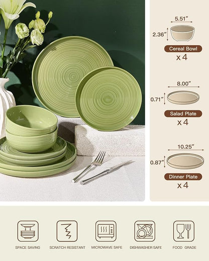 Dinnerware Sets for 4, Ceramic Plates & Bowls, Olive Green | 12-Piece Ceramic - Image 6