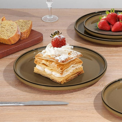 E-far Stoneware Dinnerware Sets for 4, 12 Pieces Reactive Glaze Plates and Bowls Sets, Elegant Dishes with Rustic Terracotta Base, Dishwasher & Microwave Safe, Scratch Resistant, Deep Camel