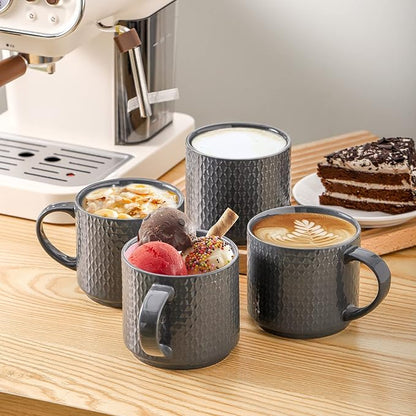 Hasense Coffee Mugs Set of 4 with Stand, 15 oz Porcelain Stackable Coffee Cups Set with handle for Tea, Latte, Milk and Cappuccino, Grey Embossed Tea Cups Set with Geometric Patterns for Men and Women