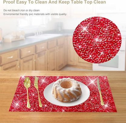 Red Sparkly Rhinestone Decor Square Placemats - Heat Resistant Mat Set of 2