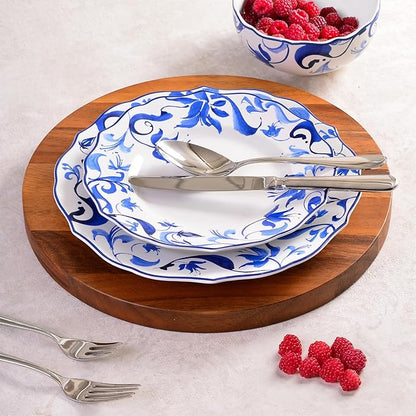 222 Fifth 12-Piece Porcelain Dinnerware Set for 4, Blue & White Plates and Bowls Set, Glossy Ceramic Dish Set with Beautiful Floral Rims, Elegant Kitchen Dishes, Microwave & Dishwasher Safe, Ayla