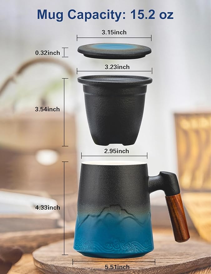 suyika Tea Cup with Infuser and Lid, 15.2 Ounce Wood Handle Ceramic Loose Leaf - Image 3