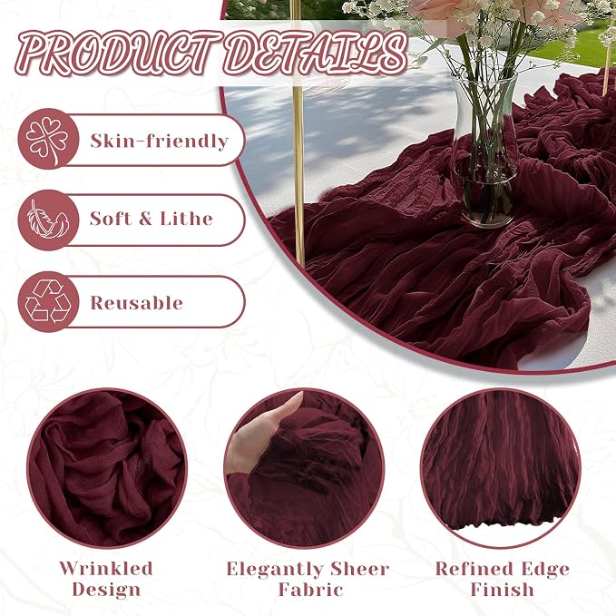 2 Pack Cheesecloth Table Runner, 120 Inch Burgundy Table Runner - Image 4
