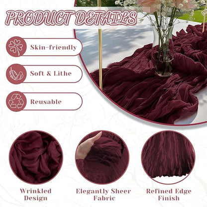 2 Pack Cheesecloth Table Runner, 120 Inch Burgundy Table Runner - Image 4