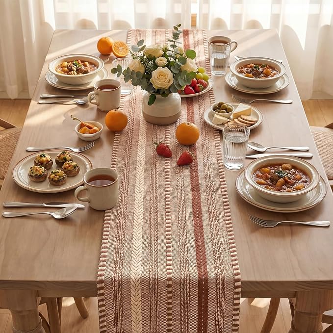 Artoid Mode Caramel Farmhouse Stripe Braided Table Runner 12x120 Inch | Holiday - Image 3