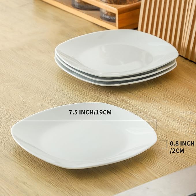 fMBB Ceramic White Dinner Plates Set of 4, Porcelain Square 7.5 inch Dessert - Image 6