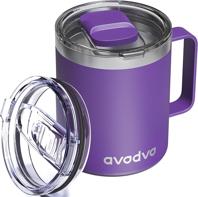 12oz Insulated Coffee Mug with Lid – Includes Two Lids, Stainless Steel Coffee by avodvo