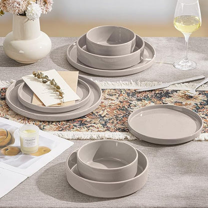 Herogo 16 Piece Plates and Bowls Set, Ceramic Dinnerware Sets with Pasta Bowls, Kitchen Dinner Ware Dishes Service for 4, Chip & Scratch Resistant Dishware, Speckled Coffee Brown